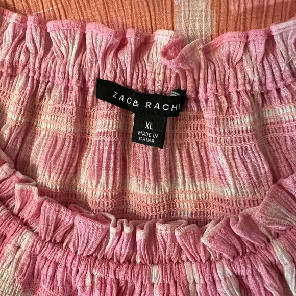 Zac & Rachel Blouse XL Abstract Watercolor Pink Orange Smocked Ruffled Neckline - Picture 8 of 8